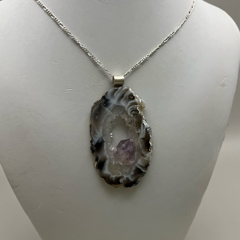 Purple and Silver Geode Banded Agate Slice Necklace - Picture 4 of 6